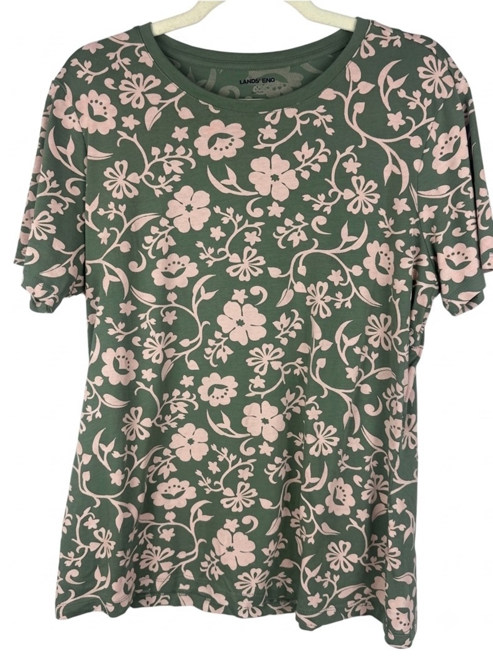 Lands' End Floral Short Sleeve Cotton T-Shirt Green Pink Size L Large 14-16